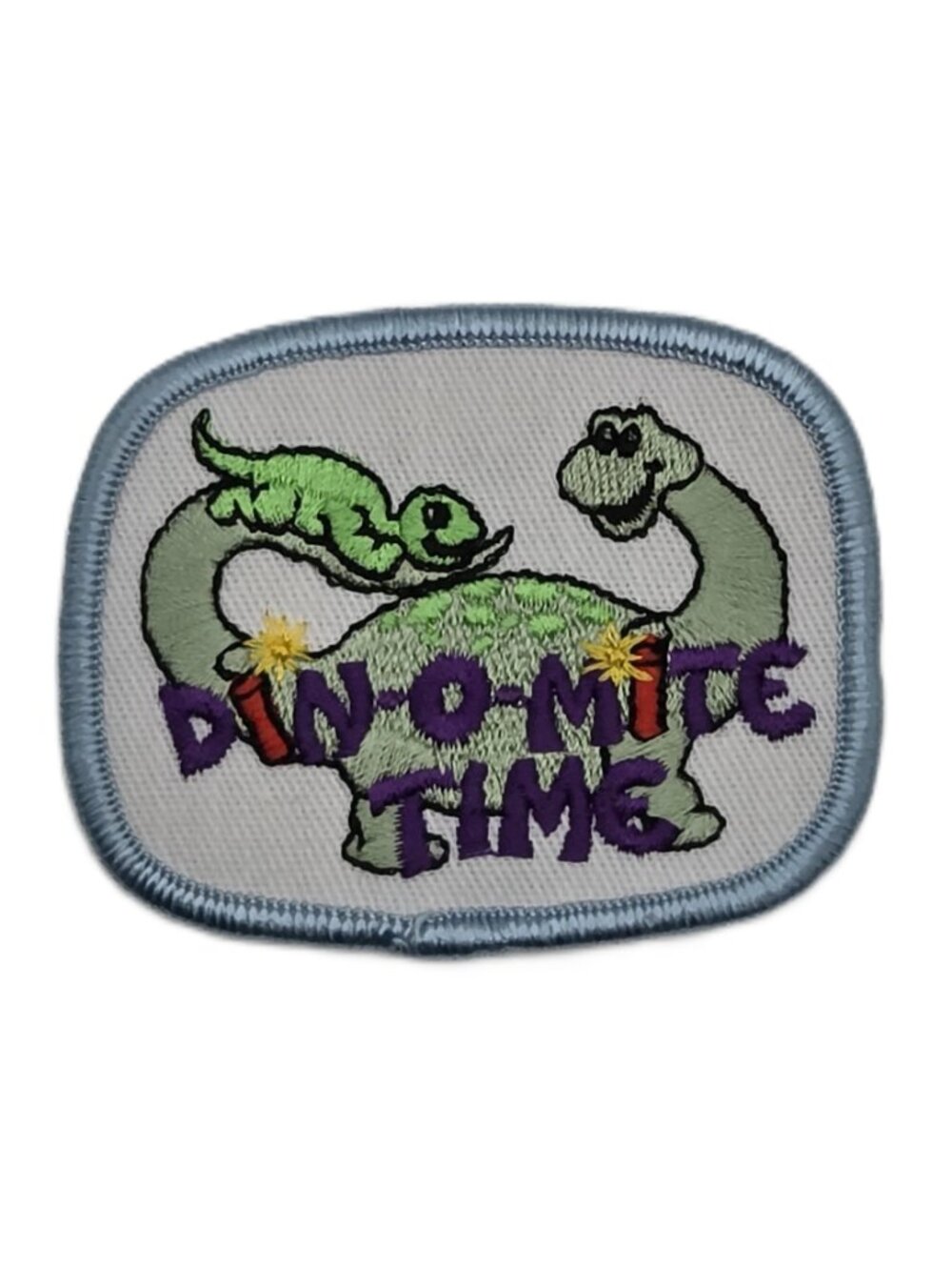 Dino-Mite Time Dinosaur Embroidered Patch NOS Green Purple 2.75  x 2
